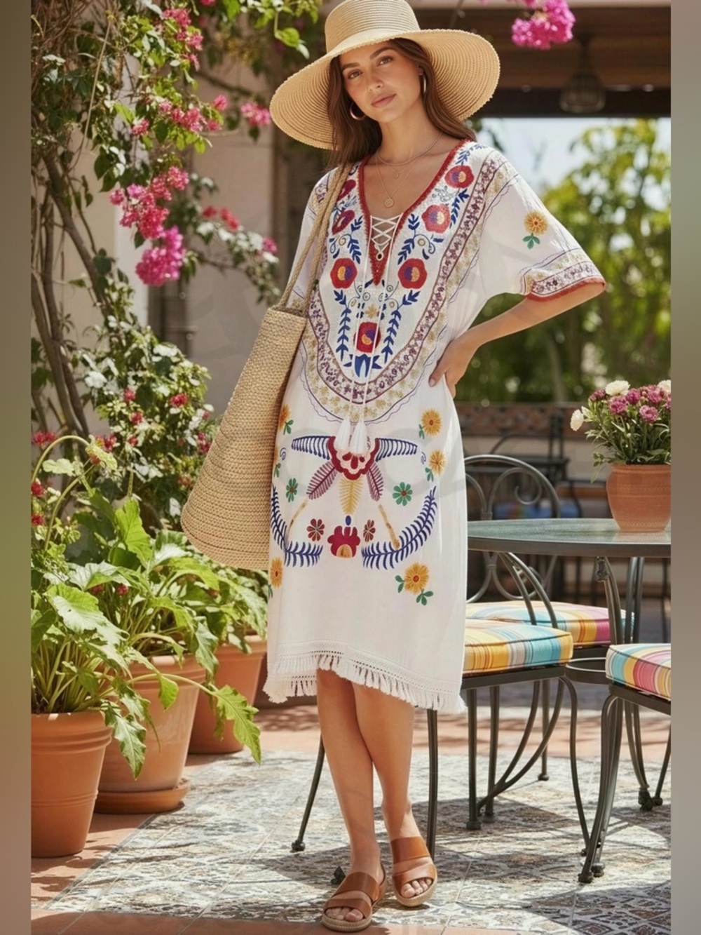 Cancun Ready Bohemian Floral Fringe White Beach Cover-Up Summer Tunic Dress